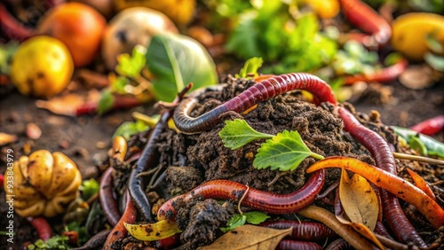 Close-up of earthworms crawling through rich, dark compost, surrounded by decaying leaves and vegetable scraps, symbolizing nutrient-rich soil and sustainable gardening practices.