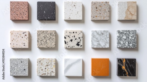 A selection of sixteen marble and granite samples laid out in a grid pattern showcasing various colors and textures. photo