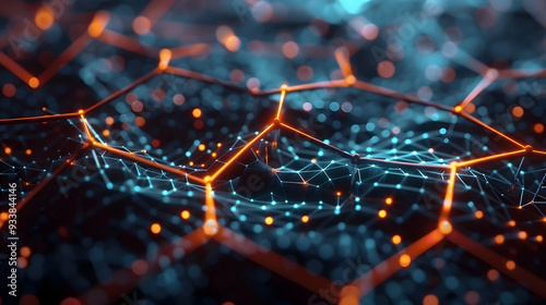 close up of a network with orange and blue lights