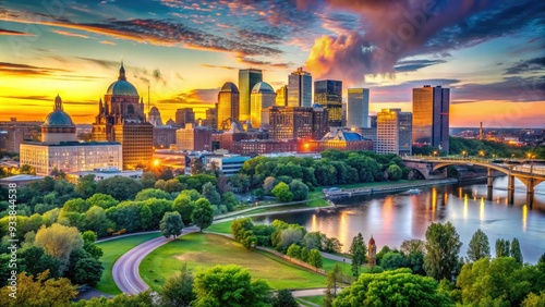 Vibrant cityscape of Saint Paul's skyline at sunset, featuring iconic landmarks, gleaming office towers, and majestic Mississippi River bridges amidst lush greenery. #933844538