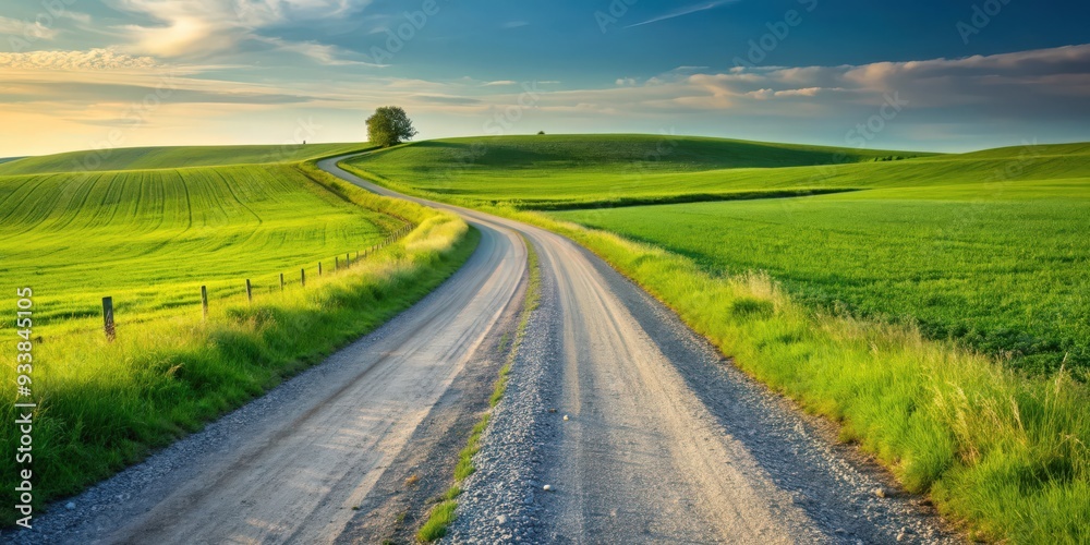 Fototapeta premium Side view of gravel road winding through green meadow, countryside, rural, countryside road, gravel road, meadow