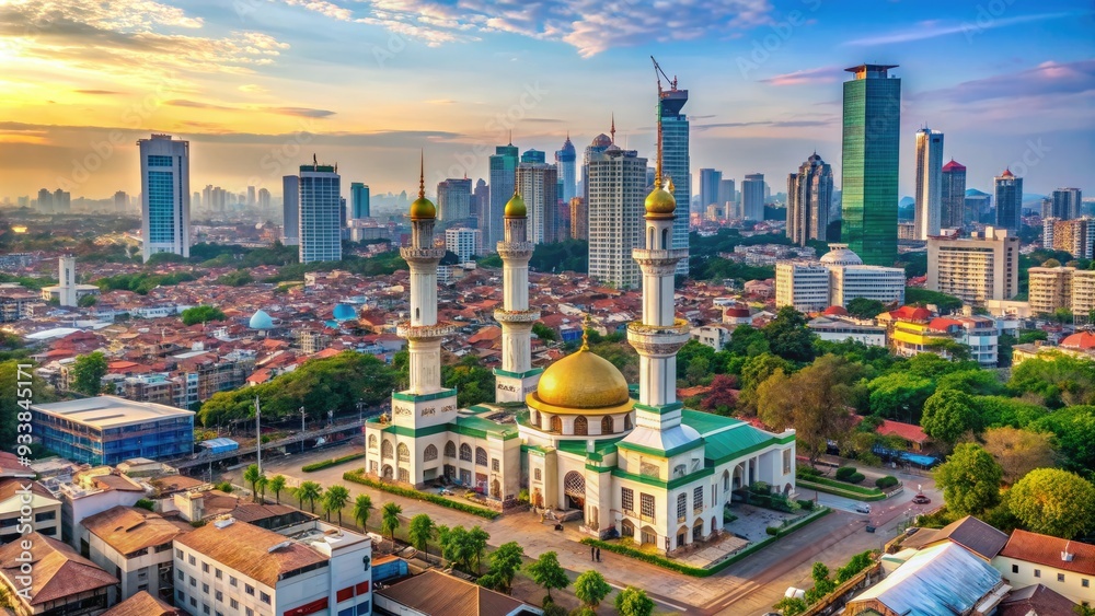 Obraz premium Vibrant cityscape of Tangerang, Indonesia, featuring modern skyscrapers, bustling streets, and ornate mosques, showcasing the city's blend of traditional and contemporary architecture.