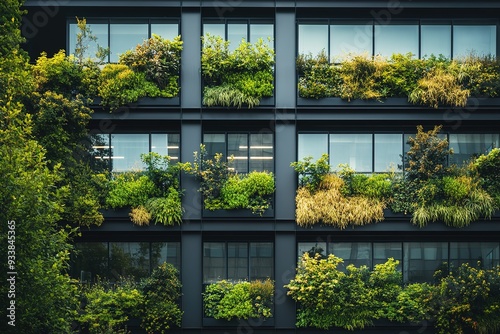 Modern building with green plant balconies, urban eco concept