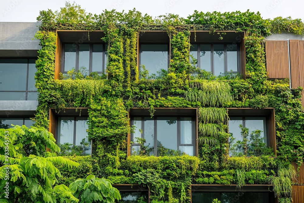 Green facade of modern building covered in plants Green facade of modern building covered in plants