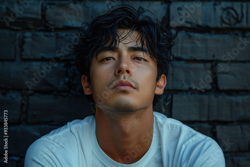 Pensive man with tousled hair in front of brick wall