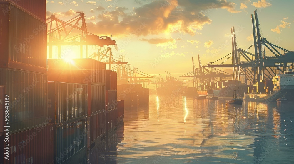 Obraz premium A vibrant modern harbor at sunrise, featuring busy cranes and colorful containers, capturing the essence of global trade and industrial efficiency in high-quality photography.
