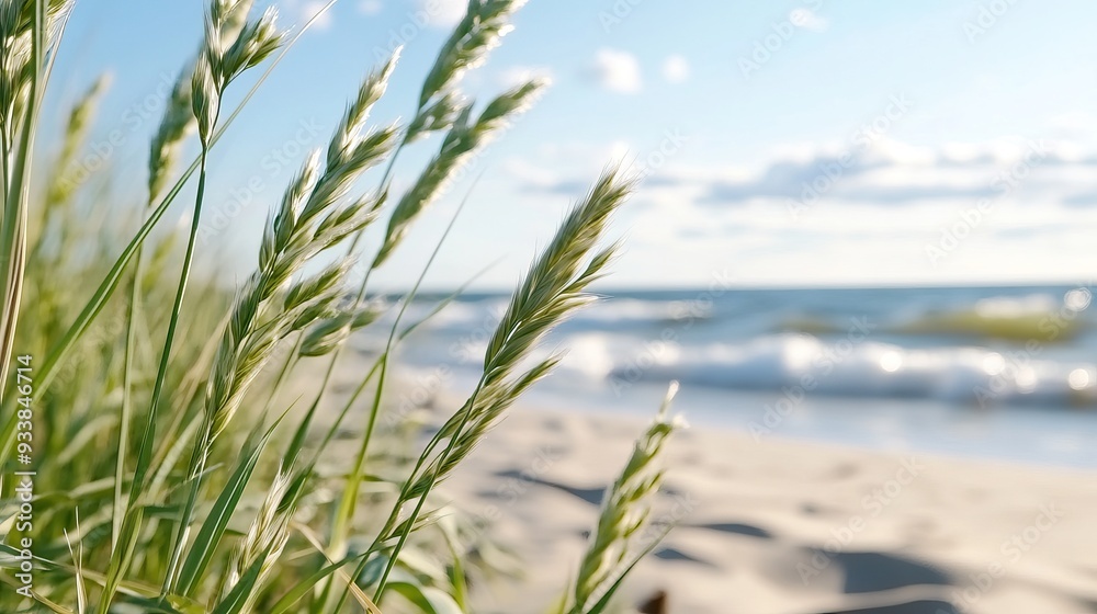 Close-up of beach grass swaying in the wind with a view of the ocean and distant waves Close-up of beach grass swaying in the wind with a view of the ocean and distant waves