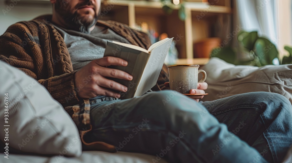 A plus-size man relaxing on a couch with a book and a cup of tea, promoting self-care and leisure. The image captures a moment of tranquility and personal time in a cozy home setting, banner copyspace A plus-size man relaxing on a couch with a book and a cup of tea, promoting self-care and leisure. The image captures a moment of tranquility and personal time in a cozy home setting, banner copyspace
