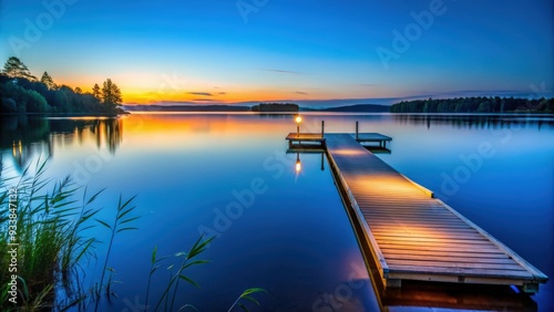 Fototapeta Naklejka Na Ścianę i Meble -  Night swim dock and calm lake at twilight, night, swim, dock, calm, lake, twilight, peaceful, serene, tranquil, water