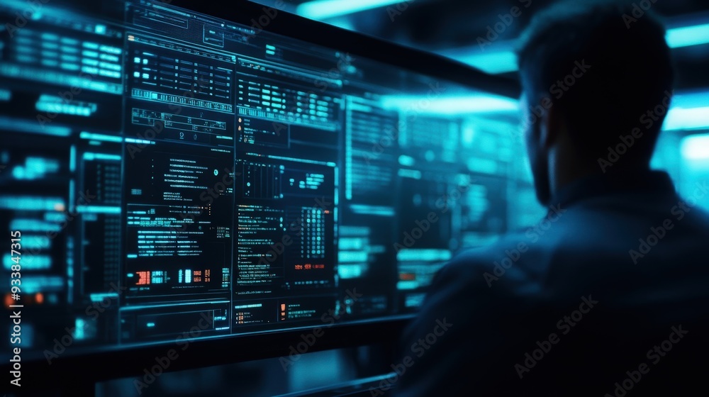 A professional analyzing data on a high-tech computer screen in a modern digital workspace with blue lighting. A professional analyzing data on a high-tech computer screen in a modern digital workspace with blue lighting.