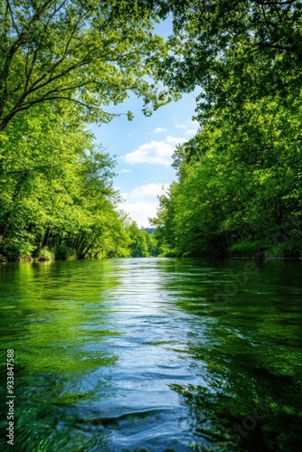 A serene river scene surrounded by lush green trees under a bright sky, perfect for nature lovers and outdoor enthusiasts.