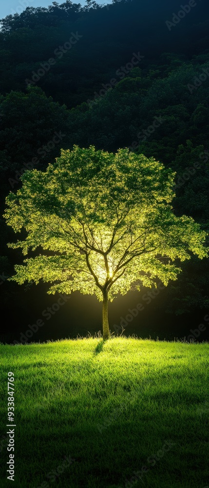 A solitary tree illuminated by natural light, standing in a serene landscape surrounded by lush greenery. A solitary tree illuminated by natural light, standing in a serene landscape surrounded by lush greenery.