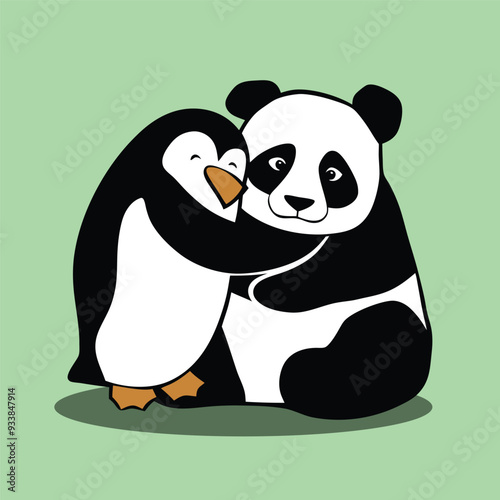 A penguin hugging a panda vector illustration design