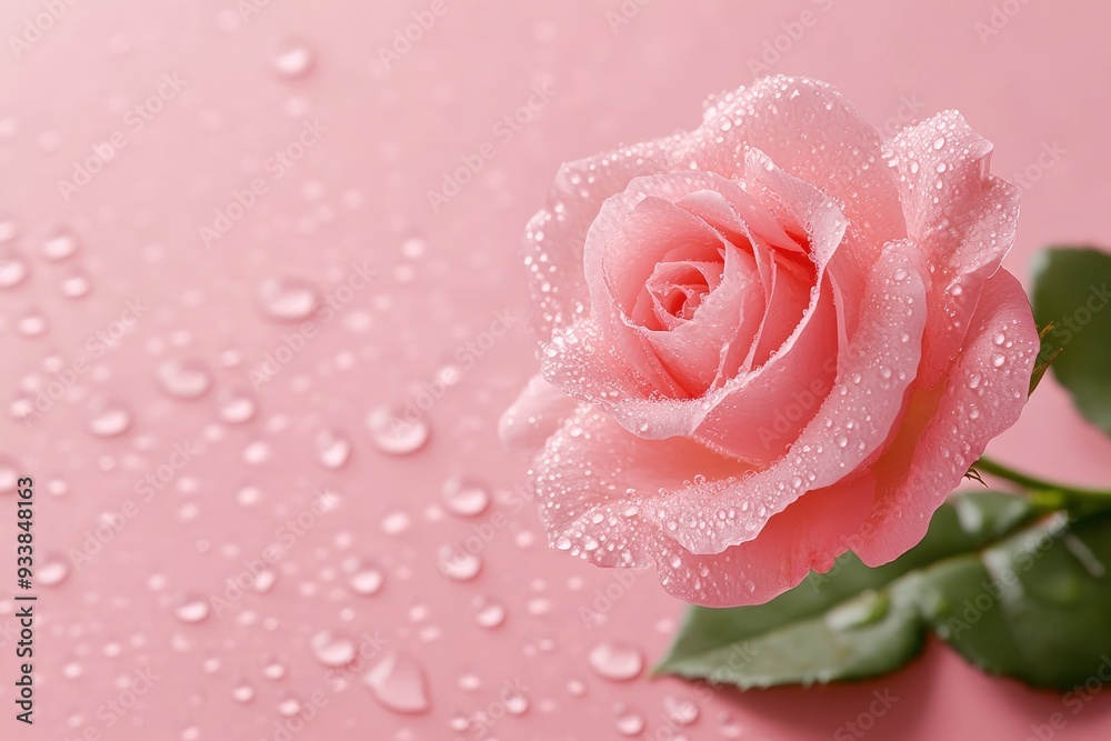 Pink rose on a pink background with water droplets. Copy space with generative ai Pink rose on a pink background with water droplets. Copy space with generative ai