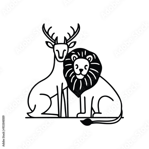A Lion hugging a Deer vector outline illustration design