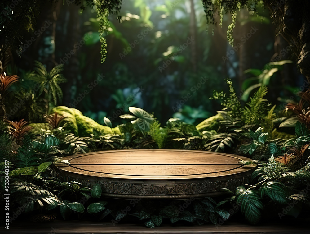 Extraordinary Tropical green floral background for product display and presentation Wooden table Extraordinary Tropical green floral background for product display and presentation Wooden table