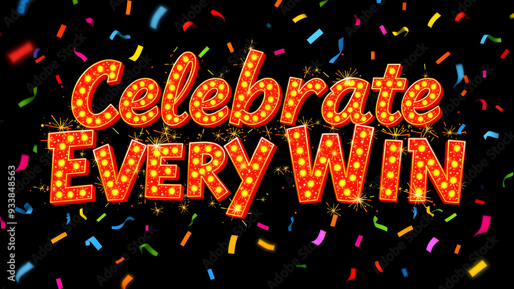 Obraz premium “Celebrate Every Win” text in a bright, celebratory font with party confetti. Generative AI