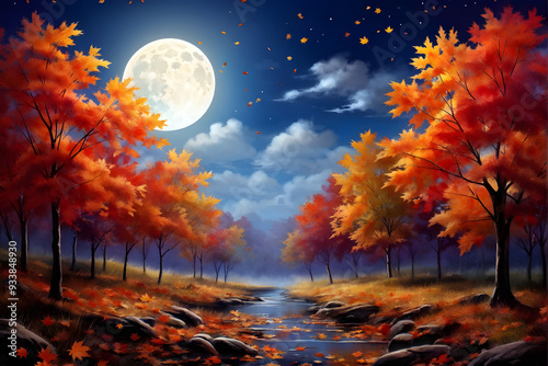 Autumn Leaves Maple Tree Moon Background

