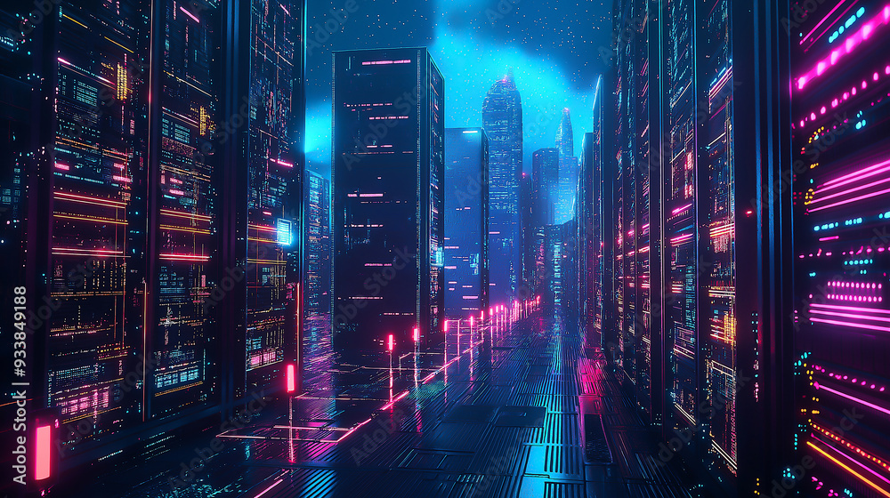 A futuristic technology hub with neon-lit skyscrapers and advanced data centers A futuristic technology hub with neon-lit skyscrapers and advanced data centers