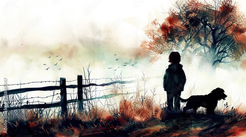 Silhouette of a child and dog standing by a fence. Silhouette of a child and dog standing by a fence.