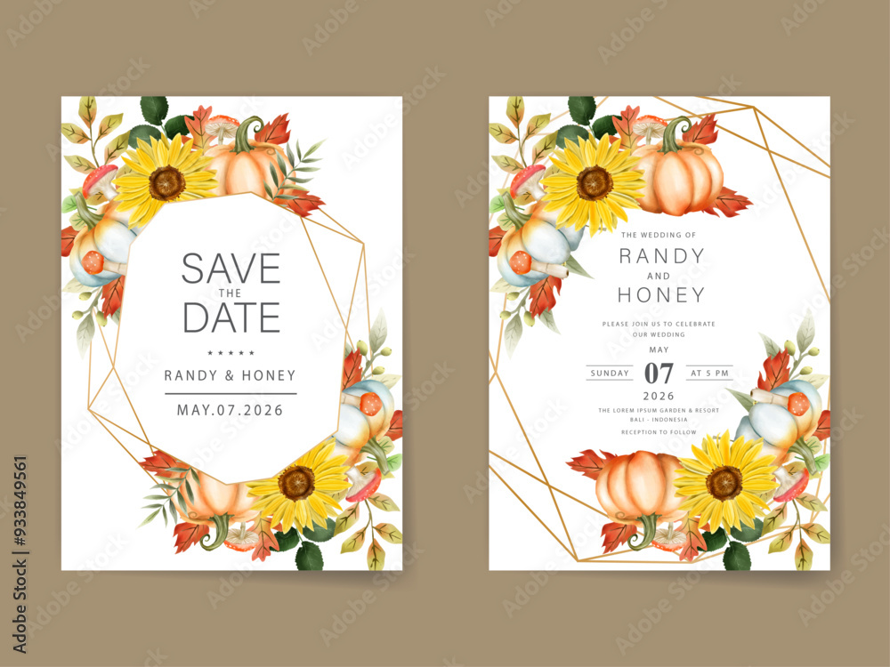Fototapeta premium Leaf and pumpkins autumn fall wedding invitation card
