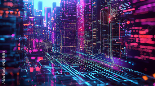 A futuristic technology hub with neon-lit skyscrapers and advanced data centers