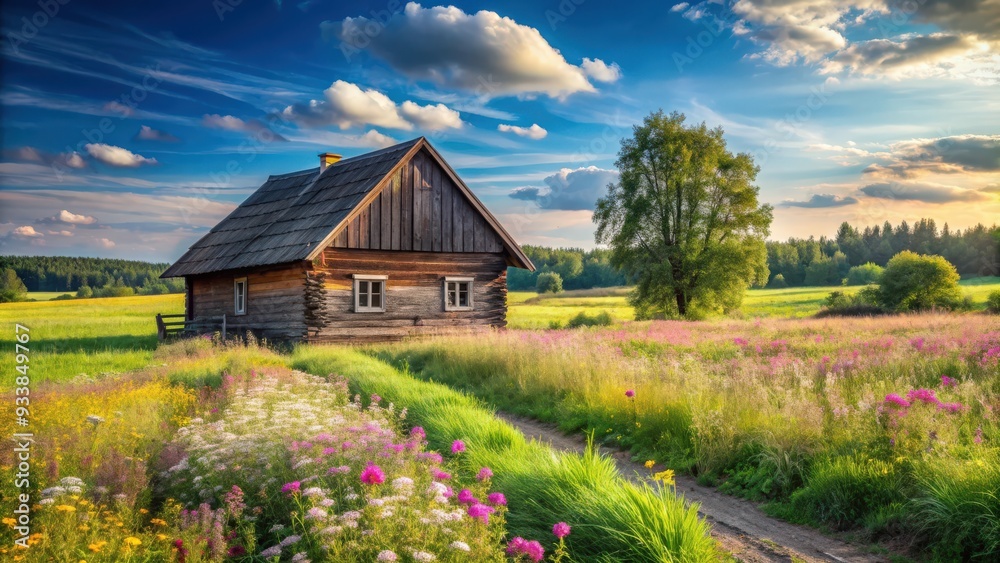 idyllic summer landscape of Polish countryside with old wooden house, fields, meadows, and flowers idyllic summer landscape of Polish countryside with old wooden house, fields, meadows, and flowers