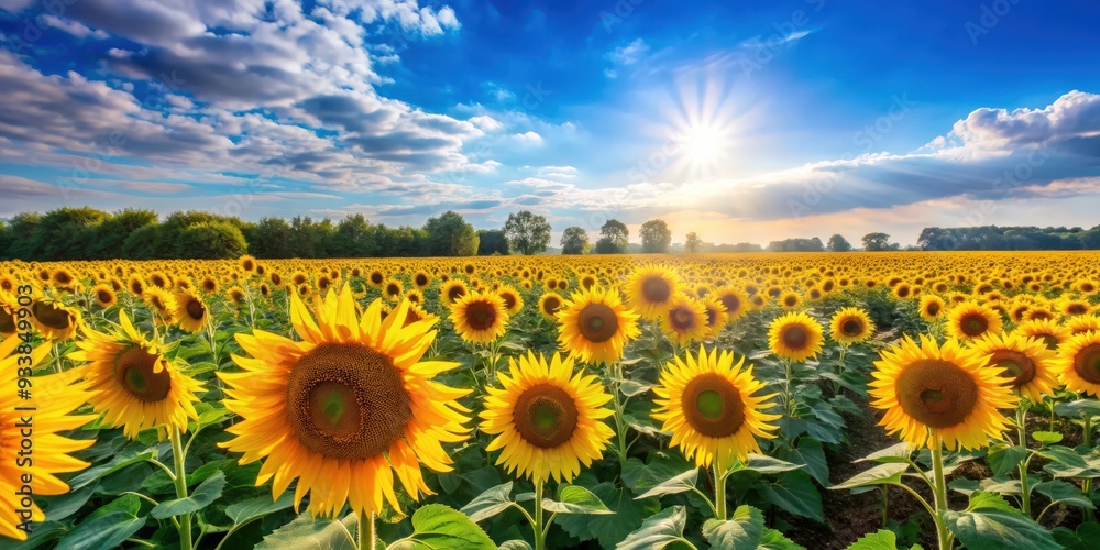 Obraz premium Beautiful summer landscape featuring fields of blooming sunflowers under a blue sky, sunflowers, summer, landscape, blooming, fields
