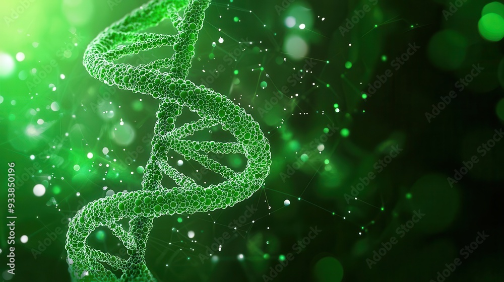 Green abstract DNA strand surrounded by circular wave patterns, sustainable genetics concept Green abstract DNA strand surrounded by circular wave patterns, sustainable genetics concept
