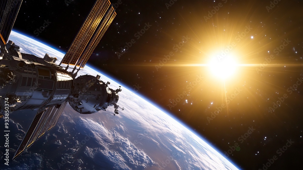 Advanced space station orbiting a distant planet, representing future human exploration beyond Earth Advanced space station orbiting a distant planet, representing future human exploration beyond Earth