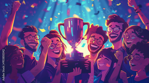 Vibrant illustration of a triumphant team holding a trophy, celebrating a win with confetti, AI-generated image