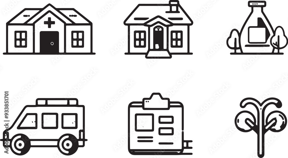 A minimalist vector icon set with a hospital building, ambulance, medical report, and blood test A minimalist vector icon set with a hospital building, ambulance, medical report, and blood test