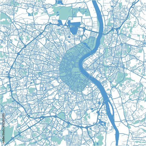 Map of Bordeaux in France in blue. Contains layered vector with roads water, parks, etc.