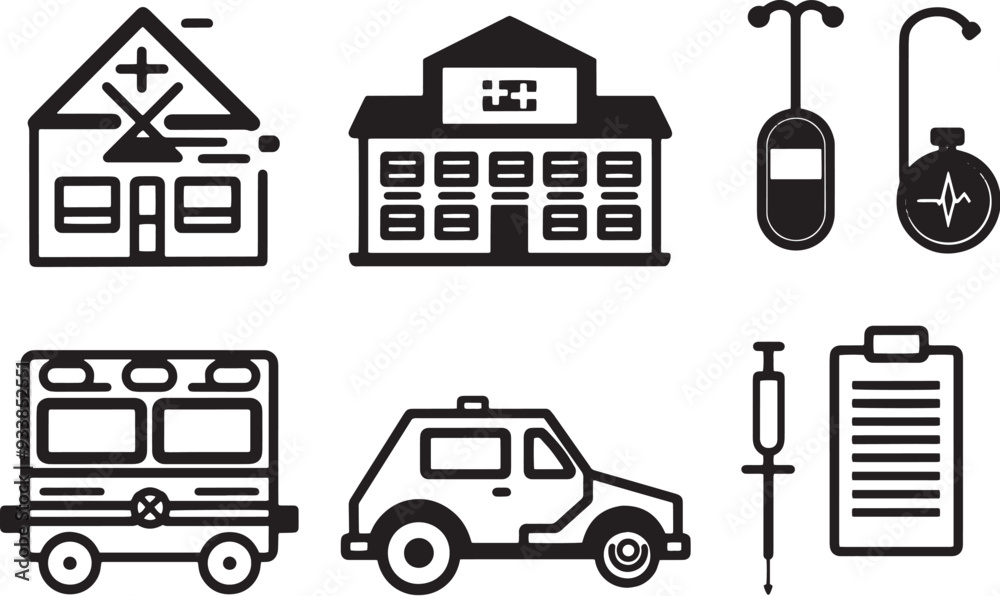 A minimalist vector icon set with a hospital building, ambulance, medical report, and blood test A minimalist vector icon set with a hospital building, ambulance, medical report, and blood test