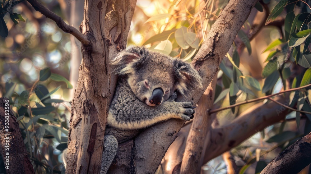 Obraz premium Sleepy Koala Hugging Tree Branch.