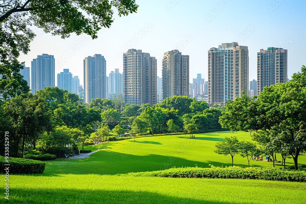 Obraz premium Sunny park with lush greenery and city skyline in background