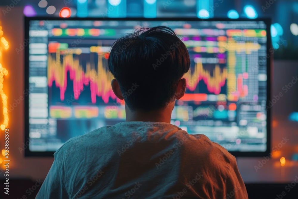 Rear view of a young man sitting in front of a monitor with stock market data with generative ai Rear view of a young man sitting in front of a monitor with stock market data with generative ai