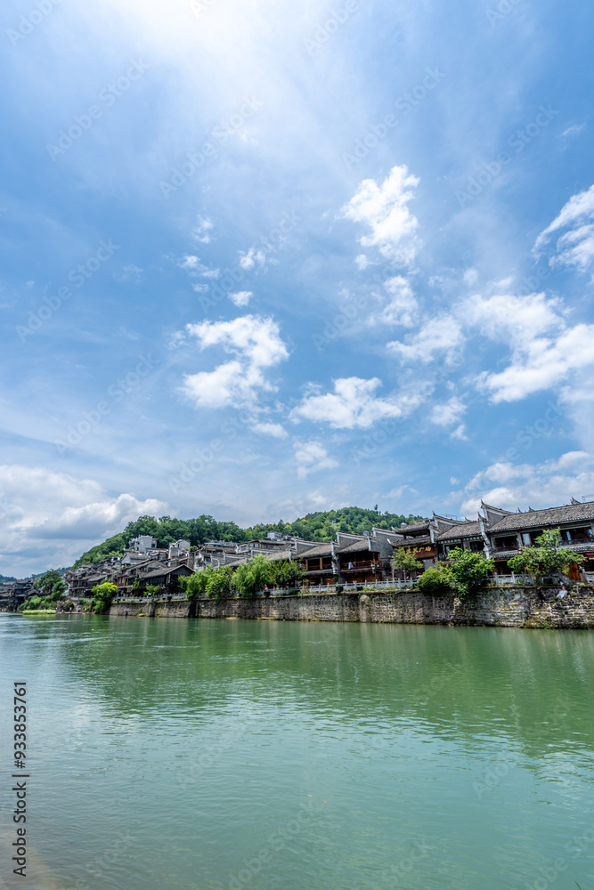 Green Water and Traditional Miao Village Architecture by the River in Fenghuang Ancient Town, Xiangxi, Hunan Green Water and Traditional Miao Village Architecture by the River in Fenghuang Ancient Town, Xiangxi, Hunan