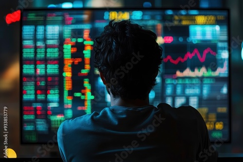 Rear view of a young man sitting in front of a monitor with stock market data with generative ai