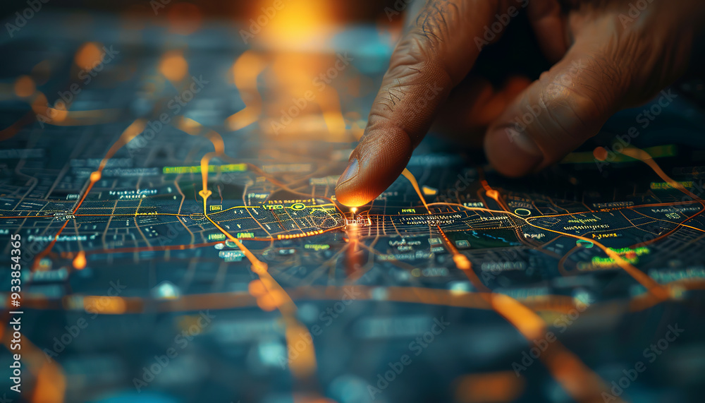 A finger pointing to a glowing mark on a digital map A finger pointing to a glowing mark on a digital map