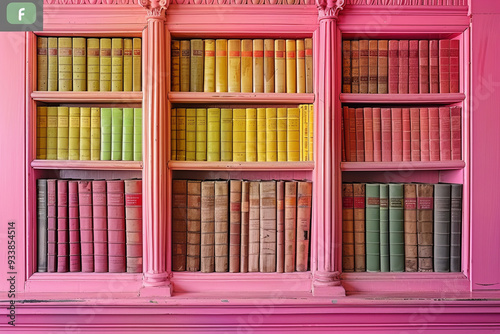 Bookshelves with colorful books without logos and without titles. photo