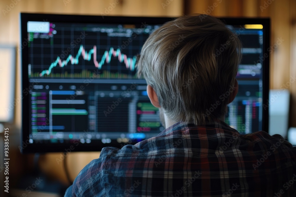 Rear view of a young man sitting in front of a monitor with stock market data with generative ai Rear view of a young man sitting in front of a monitor with stock market data with generative ai