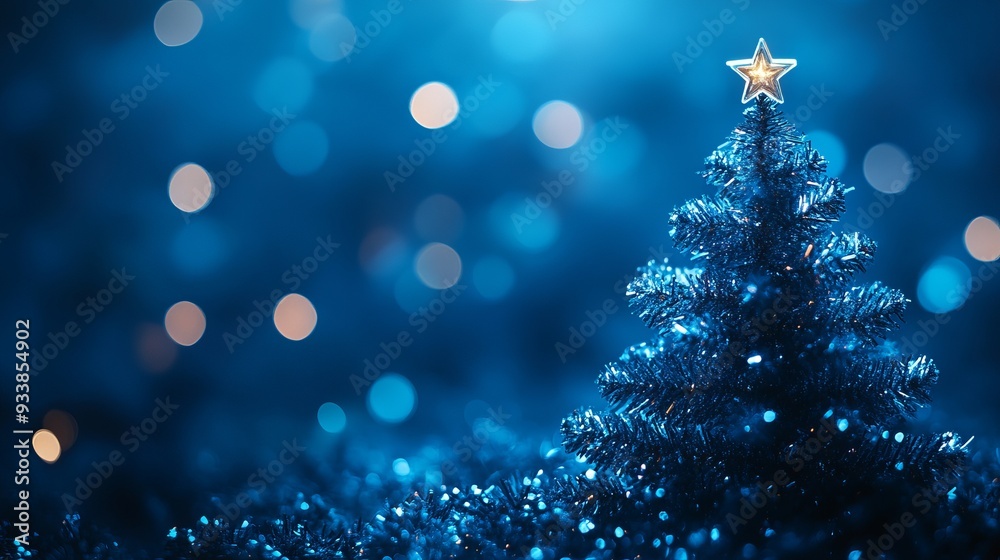 Blue Christmas tree with glowing star at night