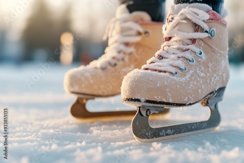 A close-up of ice skates on freshly fallen snow at a winter outdoor skating rink during late afternoon sunset photo