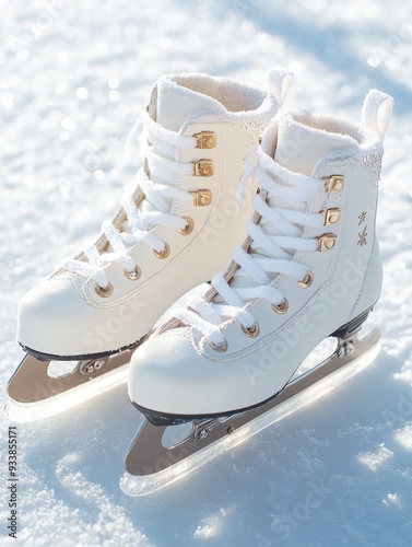 Beautiful white ice skates resting on a snowy surface, showcasing detailed laces and elegant design during a winter day, perfect for fun and engaging winter activities at an ice rink photo