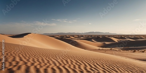 A vast and beautiful desert landscape with rolling sand dunes and a clear blue sky. photo