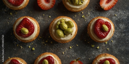 Top view of strawberry pistachio friands with a copy space image. photo