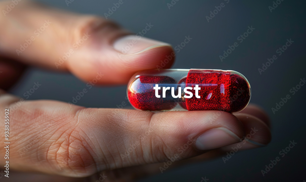 A hand holding a trust pill. The concept of trust and success. A hand holding a trust pill. The concept of trust and success.