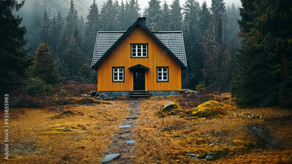 Cozy yellow house in a misty forest during autumn with colorful foliage Cozy yellow house in a misty forest during autumn with colorful foliage