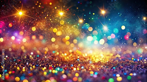 Colorful glitter particles sparkle against a vibrant, shimmering background, creating a mesmerizing and magical atmosphere perfect for celebrations, parties, and festive occasions.